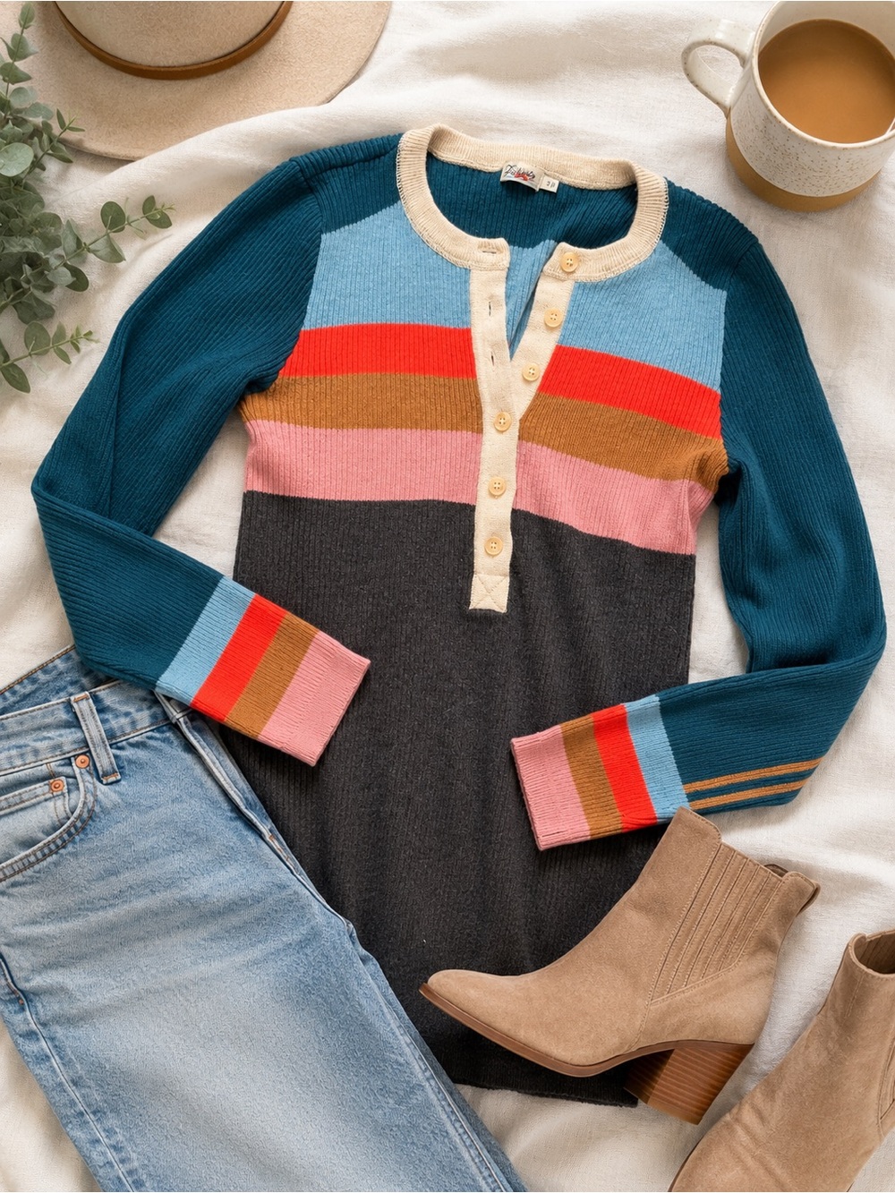 Faherty Ribbed Rainbow Stripe Henley Sweater | Women’s Small | Cozy Knit